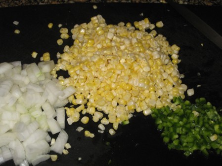 Onions, corn, and jalapeno before cooking